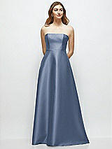 Front View Thumbnail - Larkspur Blue Strapless Satin Gown with Full Skirt and Covered Buttons at Back