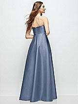 Rear View Thumbnail - Larkspur Blue Strapless Satin Gown with Full Skirt and Covered Buttons at Back
