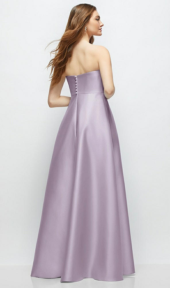 Back View - Lilac Haze Strapless Satin Gown with Full Skirt and Covered Buttons at Back