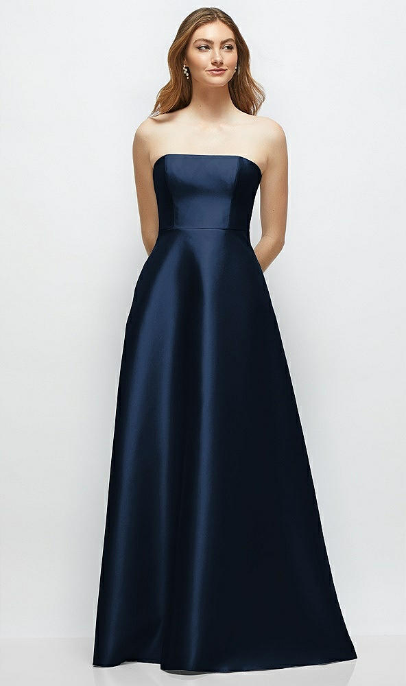 Front View - Midnight Navy Strapless Satin Gown with Full Skirt and Covered Buttons at Back