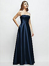 Side View Thumbnail - Midnight Navy Strapless Satin Gown with Full Skirt and Covered Buttons at Back