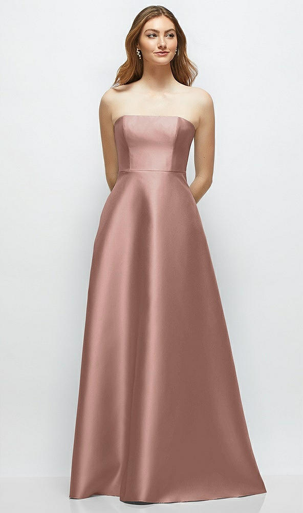 Front View - Neu Nude Strapless Satin Gown with Full Skirt and Covered Buttons at Back