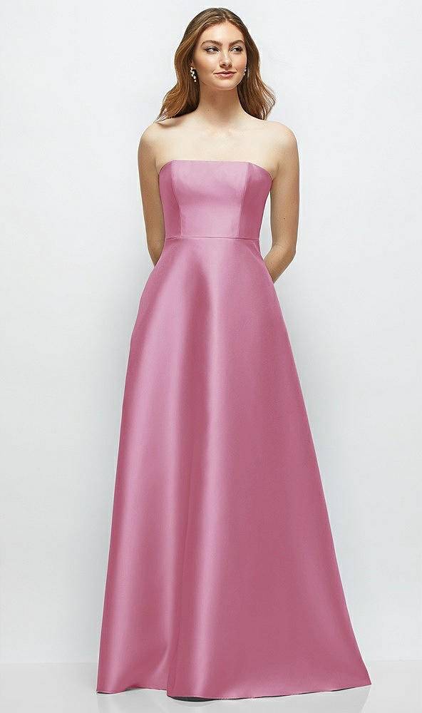 Front View - Powder Pink Strapless Satin Gown with Full Skirt and Covered Buttons at Back