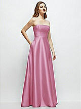 Side View Thumbnail - Powder Pink Strapless Satin Gown with Full Skirt and Covered Buttons at Back