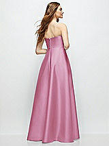 Rear View Thumbnail - Powder Pink Strapless Satin Gown with Full Skirt and Covered Buttons at Back