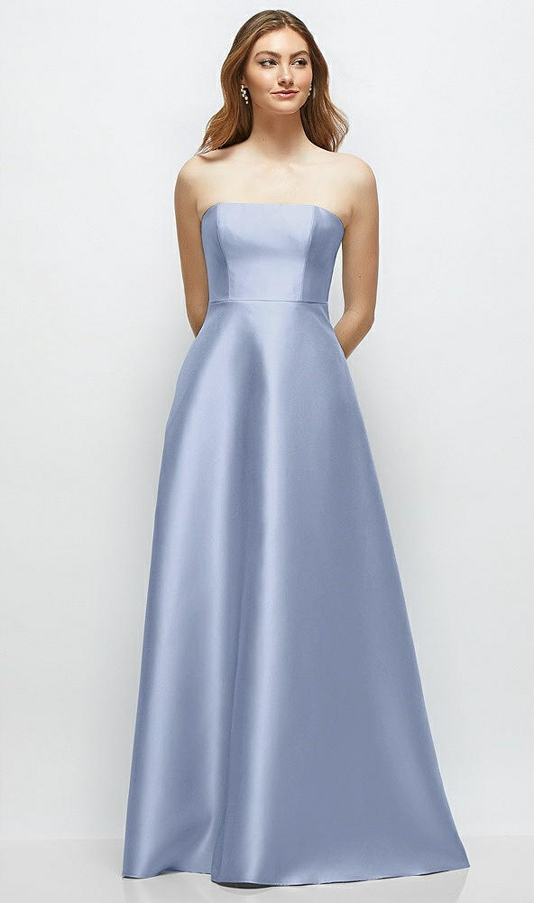 Front View - Sky Blue Strapless Satin Gown with Full Skirt and Covered Buttons at Back