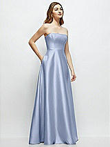 Side View Thumbnail - Sky Blue Strapless Satin Gown with Full Skirt and Covered Buttons at Back