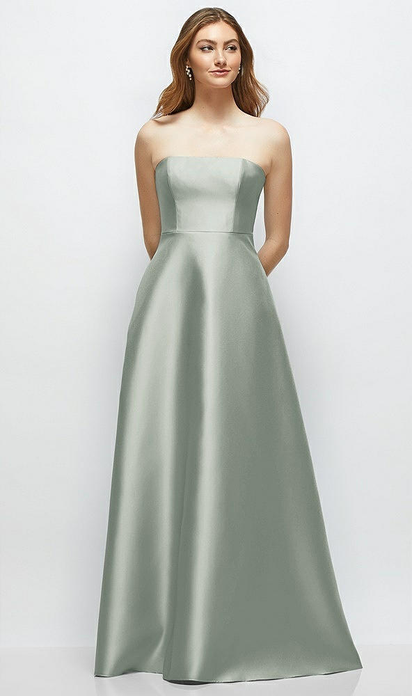 Front View - Willow Green Strapless Satin Gown with Full Skirt and Covered Buttons at Back