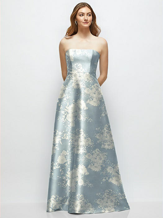 Strapless Floral Satin Gown with Full Skirt and Covered Buttons at Back
