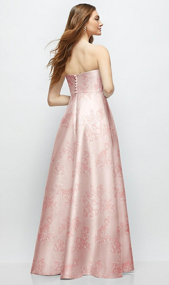 Back View - Bow And Blossom Print Strapless Floral Satin Gown with Full Skirt and Covered Buttons at Back
