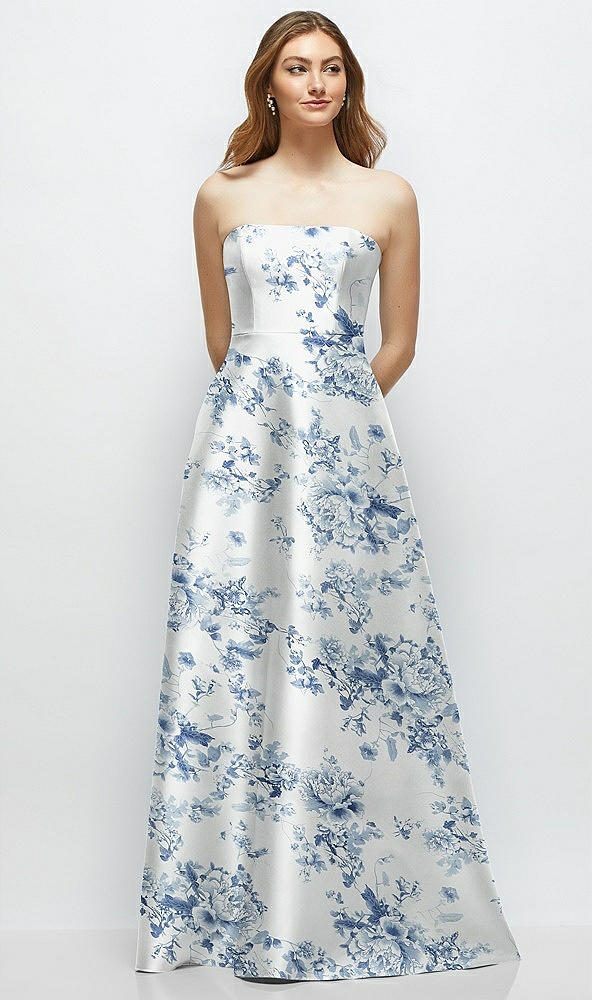 Front View - Cottage Rose Larkspur Strapless Floral Satin Gown with Full Skirt and Covered Buttons at Back
