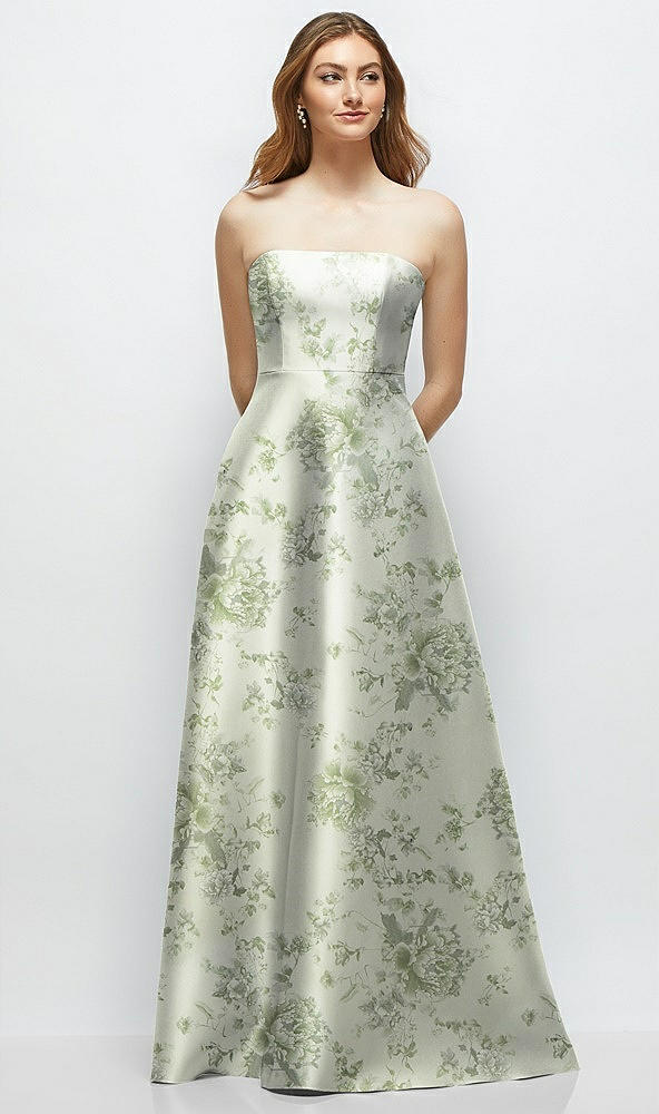 Front View - Sage Cottage Rose Strapless Floral Satin Gown with Full Skirt and Covered Buttons at Back