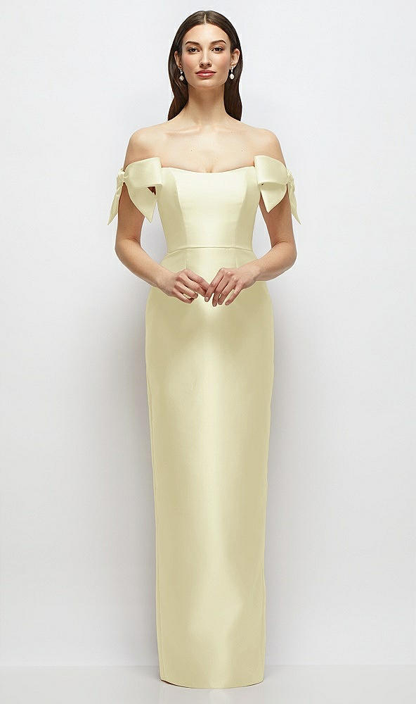 Front View - Butter Yellow Basque-Neck Satin Column Maxi Dress with Off-the-Shoulder Bows