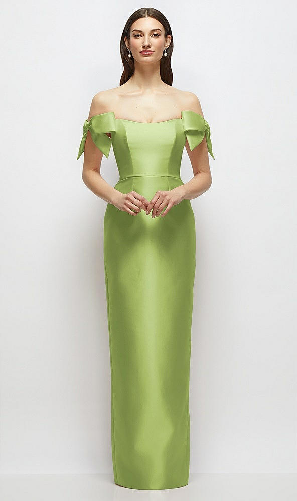 Front View - Mojito Basque-Neck Satin Column Maxi Dress with Off-the-Shoulder Bows