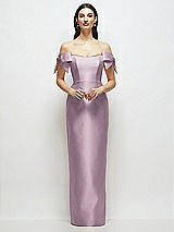 Front View Thumbnail - Suede Rose Basque-Neck Satin Column Maxi Dress with Off-the-Shoulder Bows