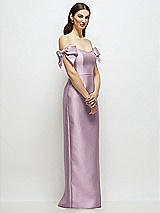 Side View Thumbnail - Suede Rose Basque-Neck Satin Column Maxi Dress with Off-the-Shoulder Bows