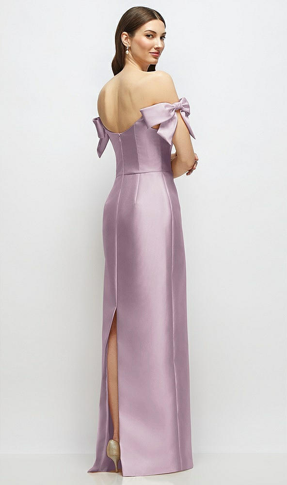 Back View - Suede Rose Basque-Neck Satin Column Maxi Dress with Off-the-Shoulder Bows