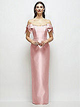 Front View Thumbnail - Ballet Pink Basque-Neck Satin Column Maxi Dress with Off-the-Shoulder Bows