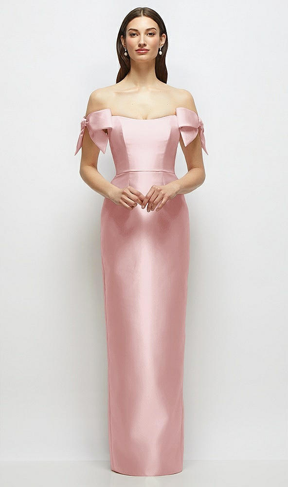 Front View - Ballet Pink Basque-Neck Satin Column Maxi Dress with Off-the-Shoulder Bows