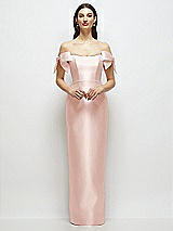 Front View Thumbnail - Blush Basque-Neck Satin Column Maxi Dress with Off-the-Shoulder Bows