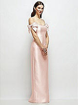 Side View Thumbnail - Blush Basque-Neck Satin Column Maxi Dress with Off-the-Shoulder Bows