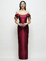 Front View Thumbnail - Burgundy Basque-Neck Satin Column Maxi Dress with Off-the-Shoulder Bows