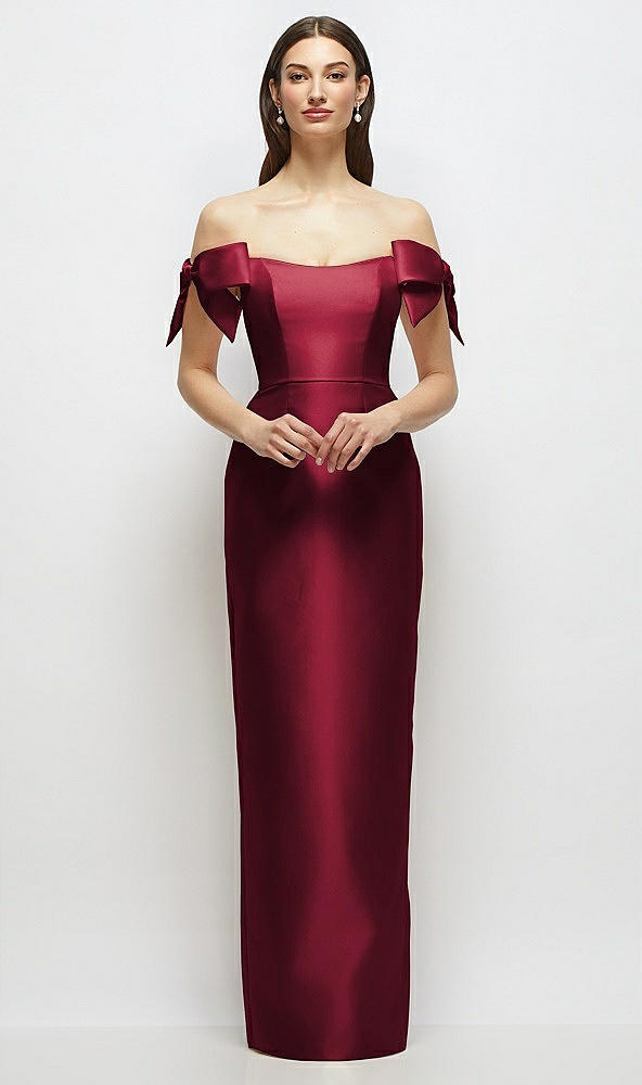 Front View - Burgundy Basque-Neck Satin Column Maxi Dress with Off-the-Shoulder Bows