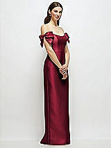 Side View Thumbnail - Burgundy Basque-Neck Satin Column Maxi Dress with Off-the-Shoulder Bows
