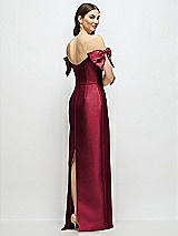 Rear View Thumbnail - Burgundy Basque-Neck Satin Column Maxi Dress with Off-the-Shoulder Bows
