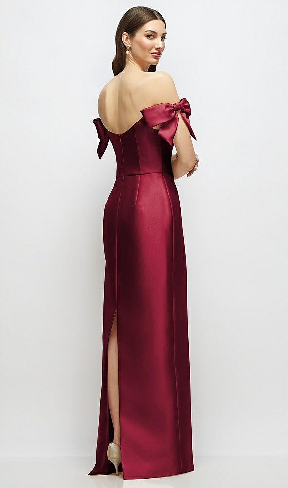 Back View - Burgundy Basque-Neck Satin Column Maxi Dress with Off-the-Shoulder Bows