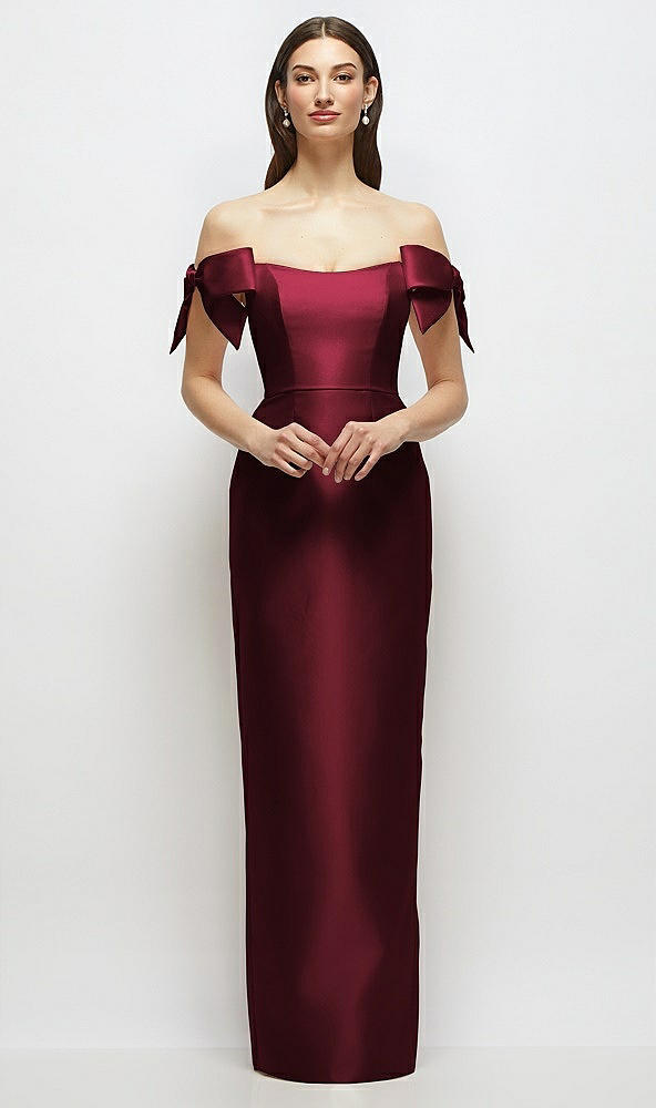 Front View - Cabernet Basque-Neck Satin Column Maxi Dress with Off-the-Shoulder Bows