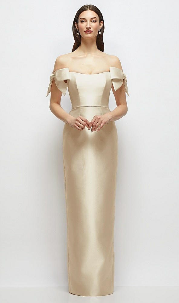 Front View - Champagne Basque-Neck Satin Column Maxi Dress with Off-the-Shoulder Bows