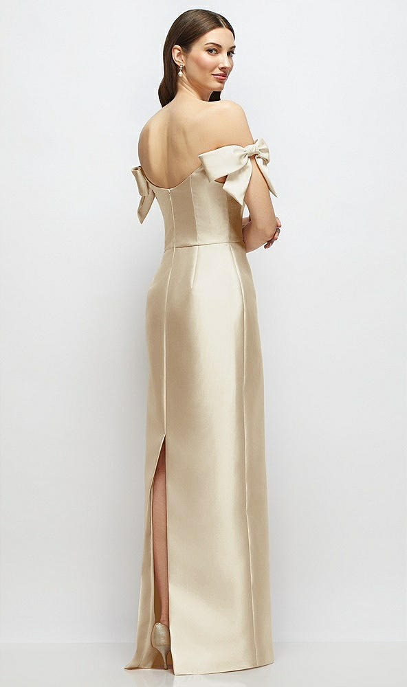 Back View - Champagne Basque-Neck Satin Column Maxi Dress with Off-the-Shoulder Bows