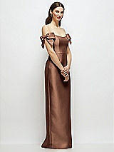 Side View Thumbnail - Cognac Basque-Neck Satin Column Maxi Dress with Off-the-Shoulder Bows
