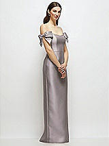 Side View Thumbnail - Cashmere Gray Basque-Neck Satin Column Maxi Dress with Off-the-Shoulder Bows