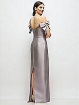 Rear View Thumbnail - Cashmere Gray Basque-Neck Satin Column Maxi Dress with Off-the-Shoulder Bows