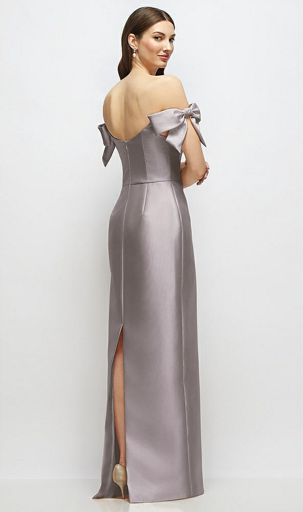 Back View - Cashmere Gray Basque-Neck Satin Column Maxi Dress with Off-the-Shoulder Bows