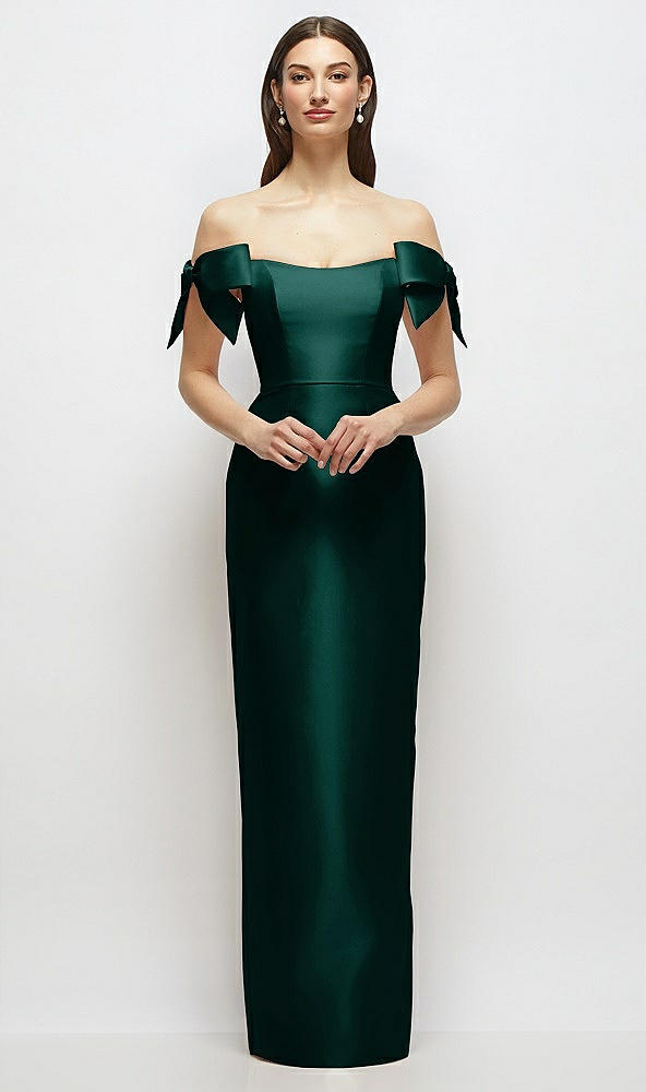 Front View - Evergreen Basque-Neck Satin Column Maxi Dress with Off-the-Shoulder Bows