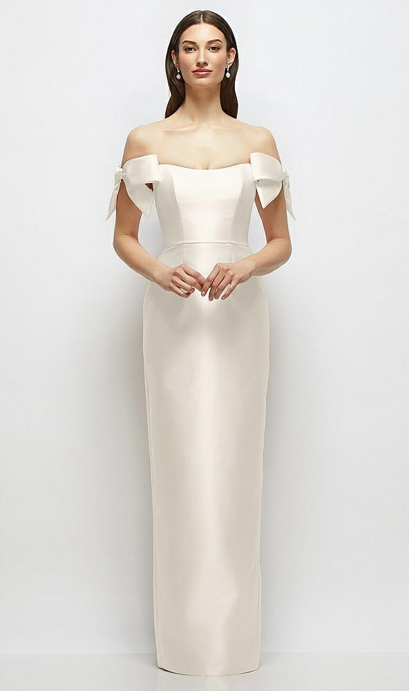 Front View - Ivory Basque-Neck Satin Column Maxi Dress with Off-the-Shoulder Bows
