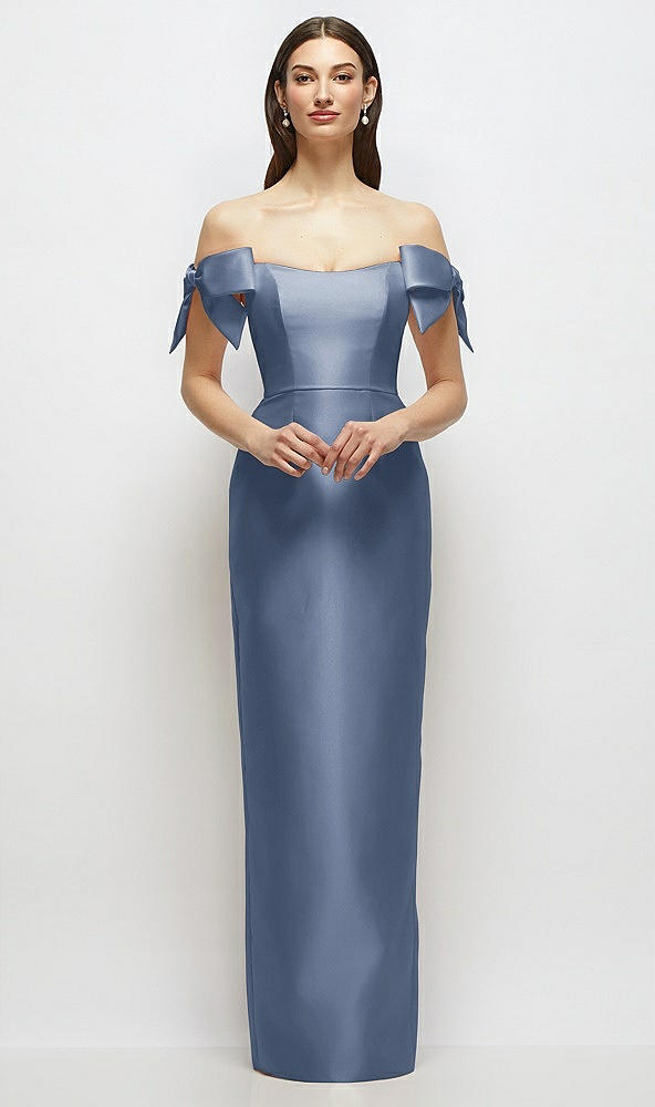 Front View - Larkspur Blue Basque-Neck Satin Column Maxi Dress with Off-the-Shoulder Bows