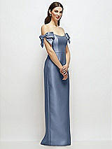 Side View Thumbnail - Larkspur Blue Basque-Neck Satin Column Maxi Dress with Off-the-Shoulder Bows