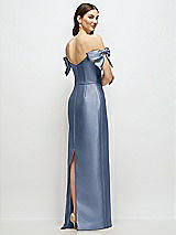 Rear View Thumbnail - Larkspur Blue Basque-Neck Satin Column Maxi Dress with Off-the-Shoulder Bows