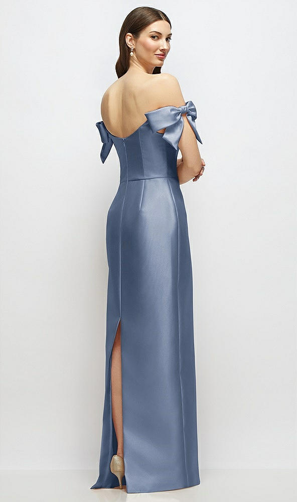 Back View - Larkspur Blue Basque-Neck Satin Column Maxi Dress with Off-the-Shoulder Bows