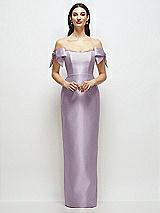 Front View Thumbnail - Lilac Haze Basque-Neck Satin Column Maxi Dress with Off-the-Shoulder Bows