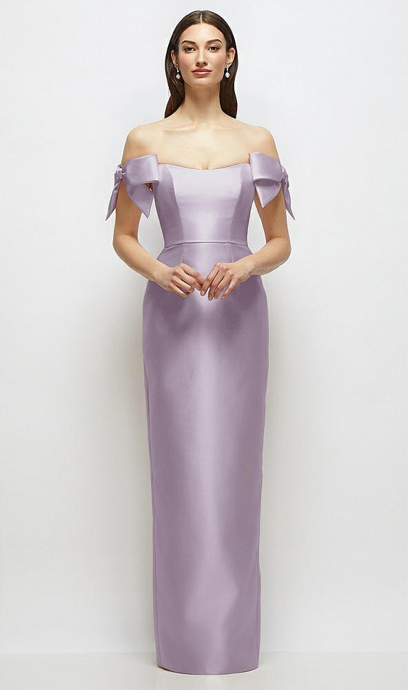 Front View - Lilac Haze Basque-Neck Satin Column Maxi Dress with Off-the-Shoulder Bows