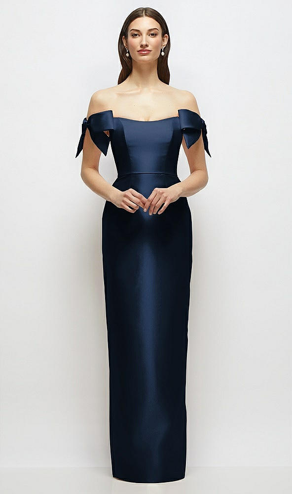 Front View - Midnight Navy Basque-Neck Satin Column Maxi Dress with Off-the-Shoulder Bows