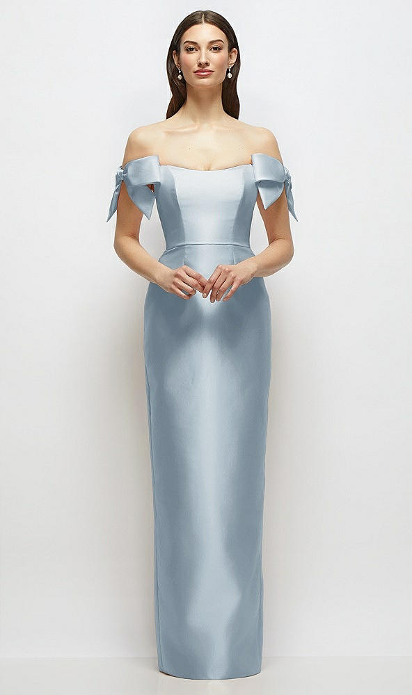 Front View - Mist Basque-Neck Satin Column Maxi Dress with Off-the-Shoulder Bows