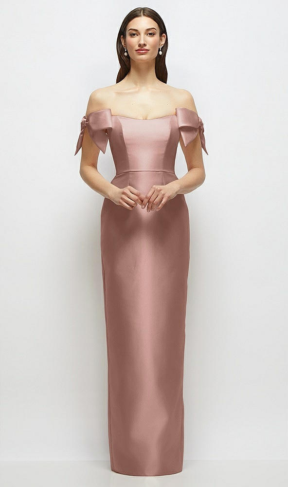 Front View - Neu Nude Basque-Neck Satin Column Maxi Dress with Off-the-Shoulder Bows