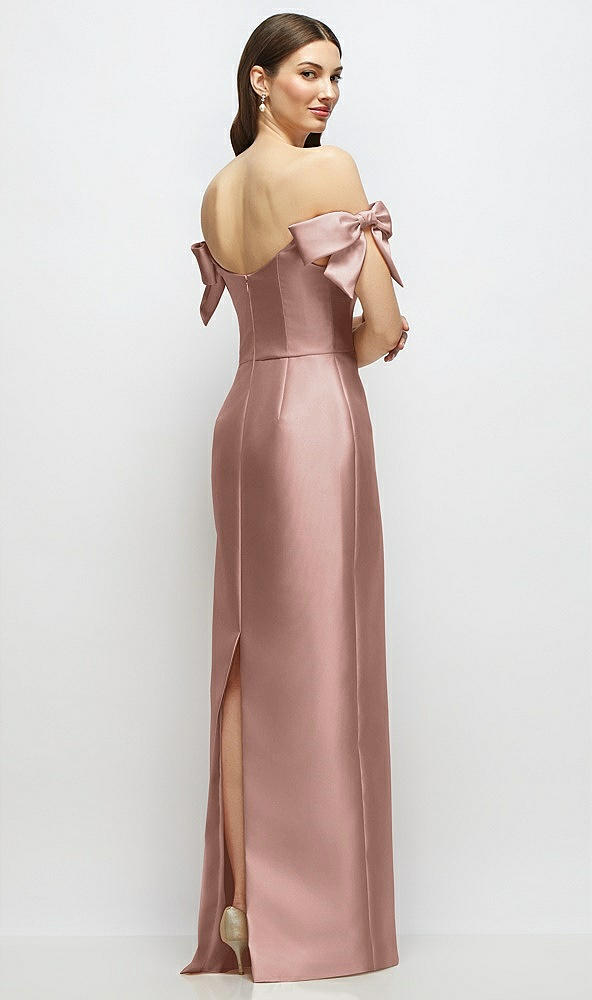 Back View - Neu Nude Basque-Neck Satin Column Maxi Dress with Off-the-Shoulder Bows