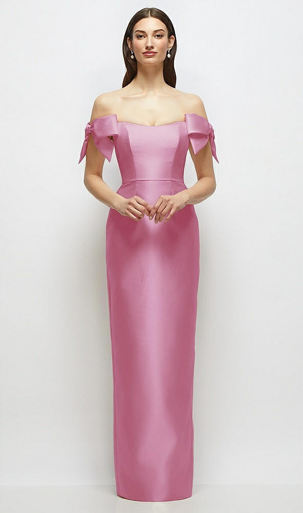 Front View - Powder Pink Basque-Neck Satin Column Maxi Dress with Off-the-Shoulder Bows